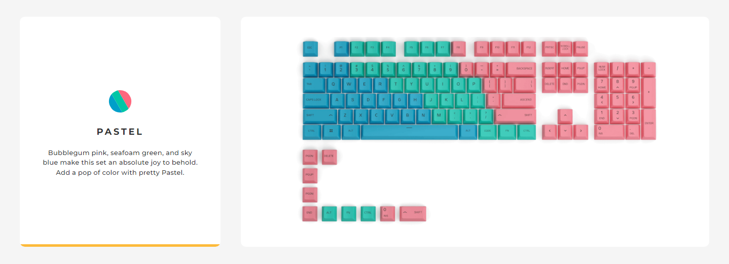 A large marketing image providing additional information about the product Glorious Dye-Sublimated PBT Keycaps - Pastel - Additional alt info not provided